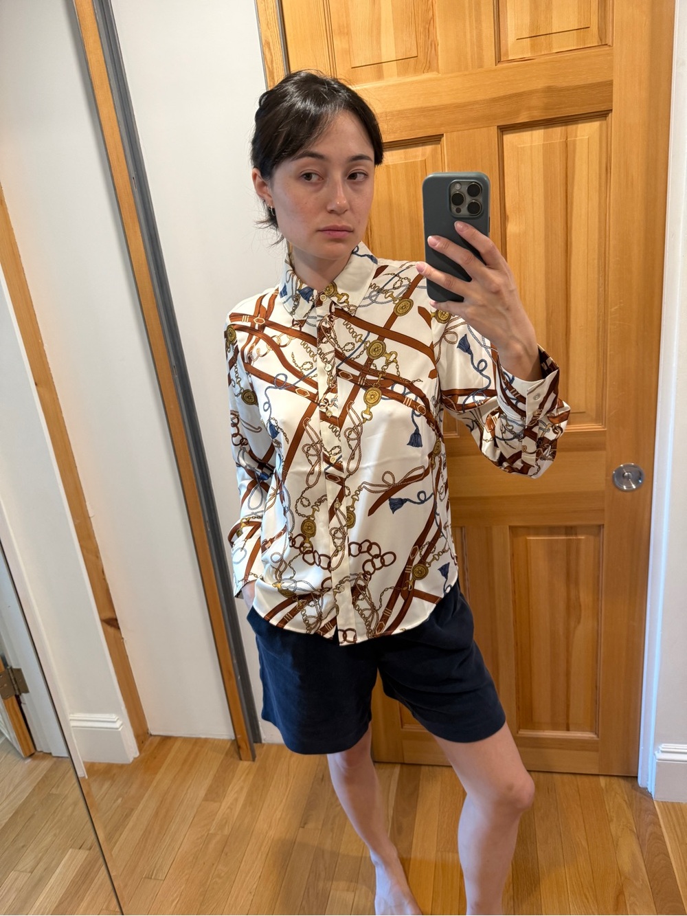 Talbots 100% Silk Cream Button-Down Shirt with Brown and Navy Chain Print